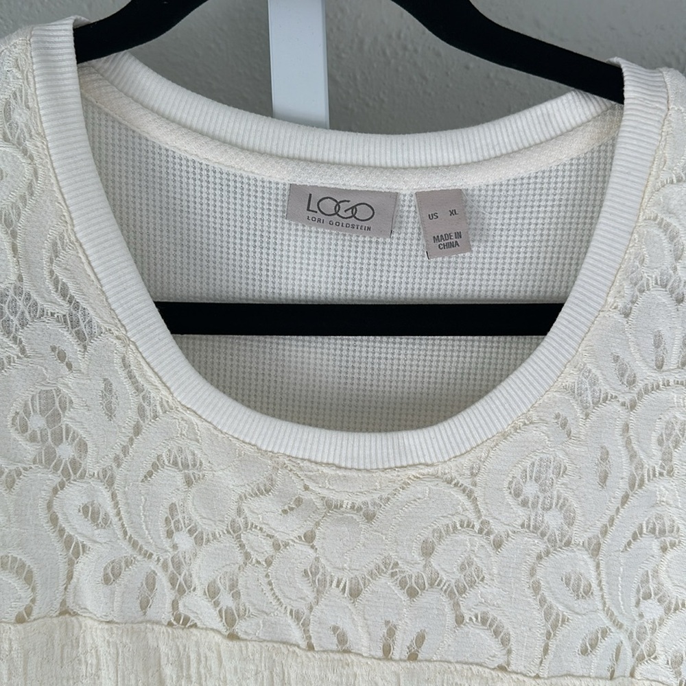 Lori Goldstein Thermal Lace Detail Cream asymmetrical Top XL - Picture 2 of 8
